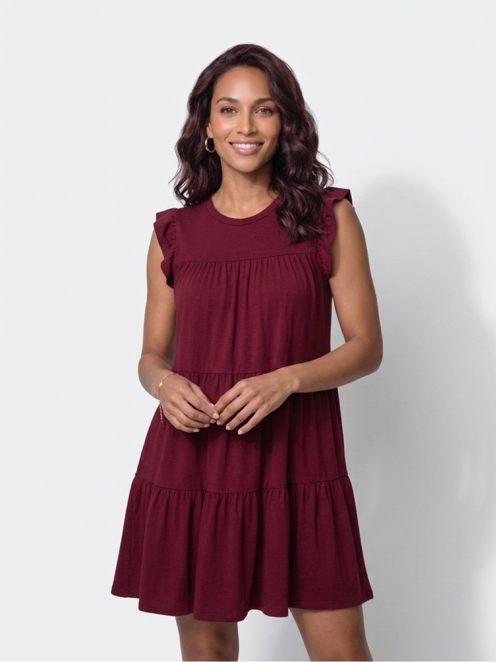 🎢 Emory Park Burgundy Ruffle Tiered Knit Babydoll Dress | Approx Women’s XS/S